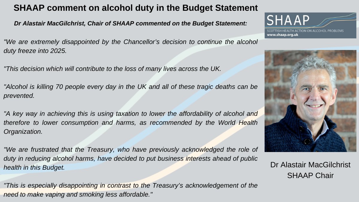 SHAAP Chair @AlastairMacG57 comments on the Chancellor's decision to continue to freeze alcohol duty.