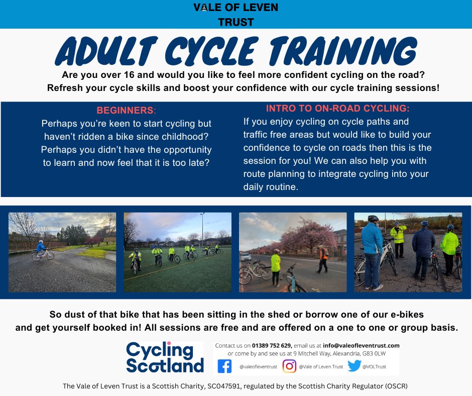 Spring is round the corner! It's time to dust off that bike in the shed or borrow one of our e-bikes and get cycling!

#valeofleventrust #westdunbartonshire #AdultCycleTraining #cyclingscotland