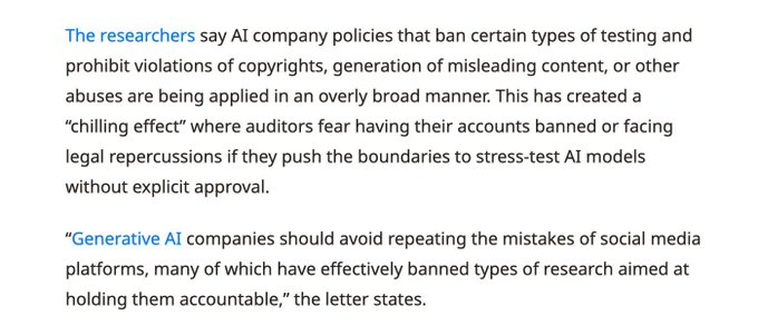 200 AI researchers urge OpenAI, Google, Meta to allow safety checks https://t.co/NqGej3gqZ8 https://t