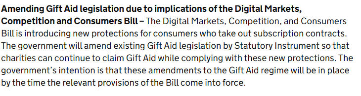 Positive that there is firm commitment from HMT that they will amend Gift Aid legislation (income tax act) to ensure charities don't lose out on Gift Aid as a result of the DMCC Bill provisions on membership subscription schemes. @NCVO @CFGtweets @CIOFtweets