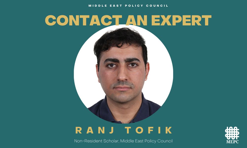 #ContactAnExpert: Ranj Tofik is a @MidEastPolicy Non-Resident Scholar with a focus on politics in the Middle East, the Kurdish issue, and the role of the Middle East in U.S.-China relations: ow.ly/h34x50QMv2I

Message media@mepc.org to schedule an interview or briefing.