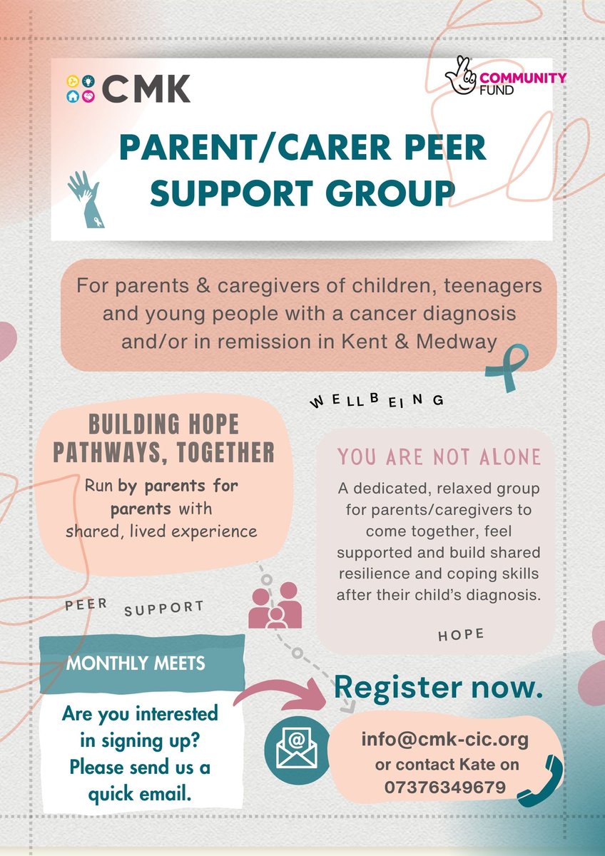 CMK are running a monthly peer support group for parents and carers of children who have cancer in #Kent and #Medway To sign up, or for more information, email info@cmk-cic.org #mhshomes #teammhs #PeerSupport #CancerSupport