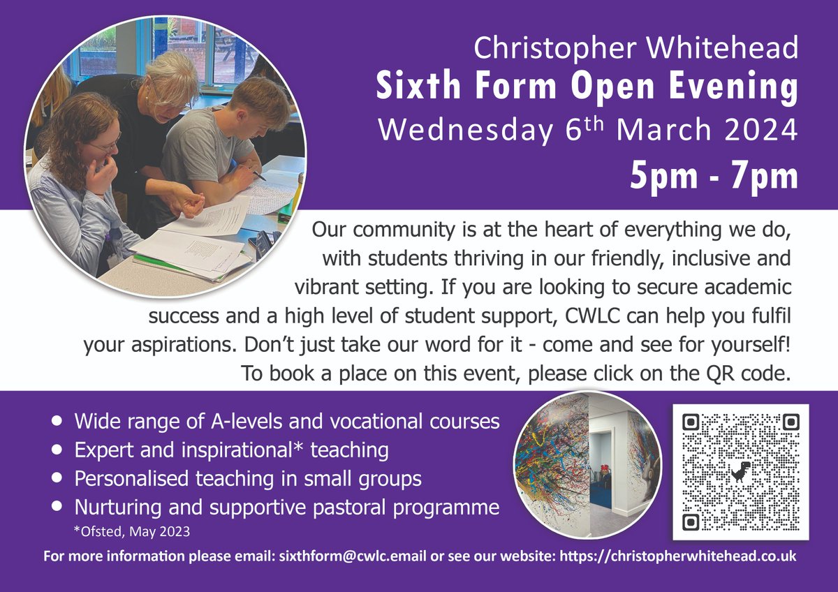 This event will offer students, parents & carers the opportunity to talk to specialist staff about courses & content, current students about their chosen subjects and to look at our facilities. To book scan the QR code or email: sixthform@cwlc.email #worcestershirehour