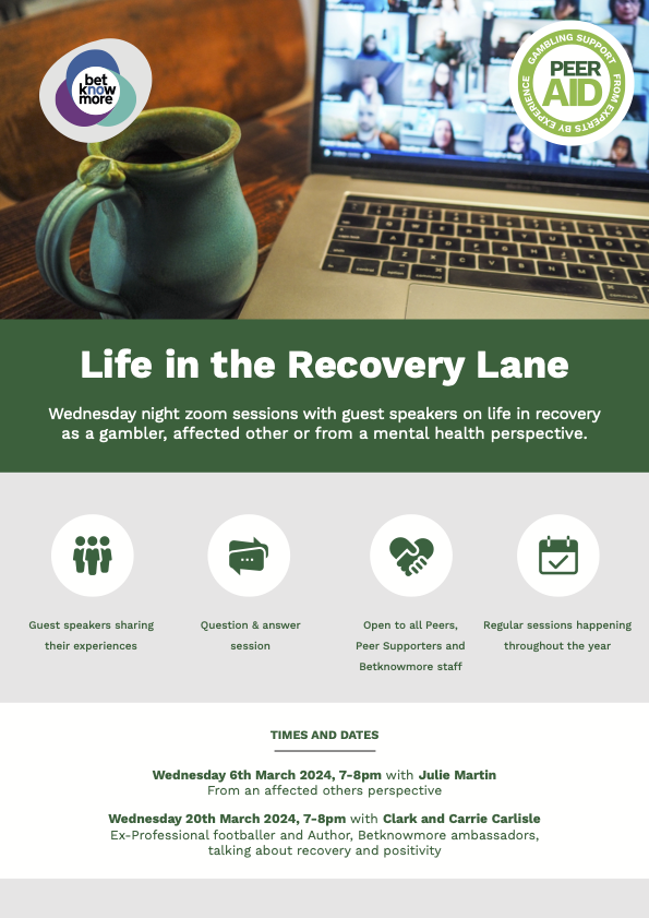 Fantastic new zoom sessions from Peer Aid hearing from guest speakers focusing on life in recovery from the perspective of gambling harms and a focus on mental health and wellbeing. If you’d like to join please email oliver@peeraid.org for the zoom link.