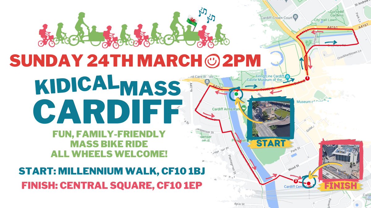 YES YES YES!! Join @KidicalMassCDF for a fun, family-friendly #KidicalMass bike ride in #Cardiff to demand #StreetsForEveryone in Wales! 🚲🎶🗣️✊🏴󠁧󠁢󠁷󠁬󠁳󠁿🙌 📅 SUNDAY 24TH MARCH @ 2PM 📍 Start: Millennium Walk 🏁 Finish: Central Square 🚲 All wheels welcome!