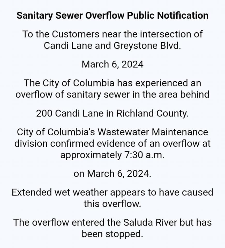 ⚠️ Sewer Spill Alert ⚠️ The City of Columbia has experienced a sewer overflow impacting the Lower Saluda River near the Saluda Riverwalk.