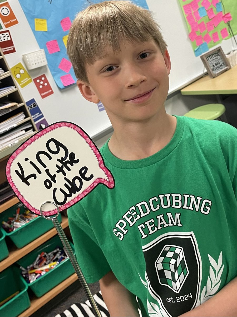 HERE YE, HEAR YE! 📣#WGESSpeedCubers has crowned a new KING 🤴🏼OF THE CUBE! Said he practiced a lot these past two weeks, got a new PR, and it certainly showed this morning! #rigor #theGrove #personalgoalsetting #realworldlearning @WGESdragons #InspireExcellece @Carrollisd