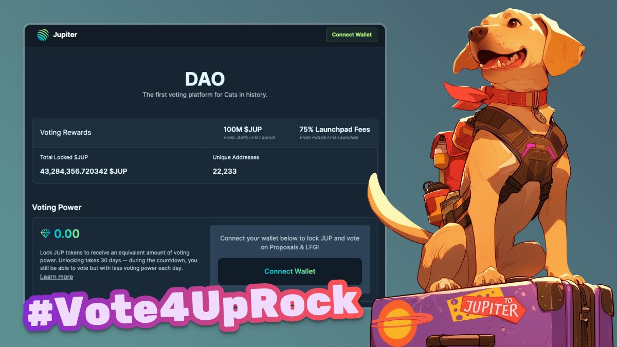 It’s TIME TO #Vote4UpRock on Jupiter LFG Launchpad!

Timeline &amp; Explainer

➤ Head over to vote.jup.ag now and lock some JUP!

➤ Token-weighted voting: The more $JUP you have, the more voting power for UpRock!
➤ 1 JUP = 1 Voting Power

➤ Thursday, March 7 – 3pm