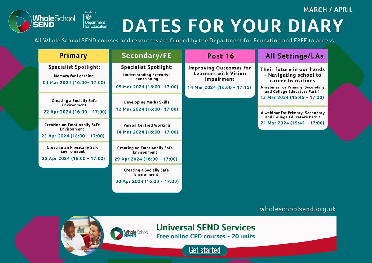 Check out our upcoming training opportunities this month! All sessions are funded by DfE and FREE for all. Save the dates and book your CPD spot now! ow.ly/mVc550QJV47