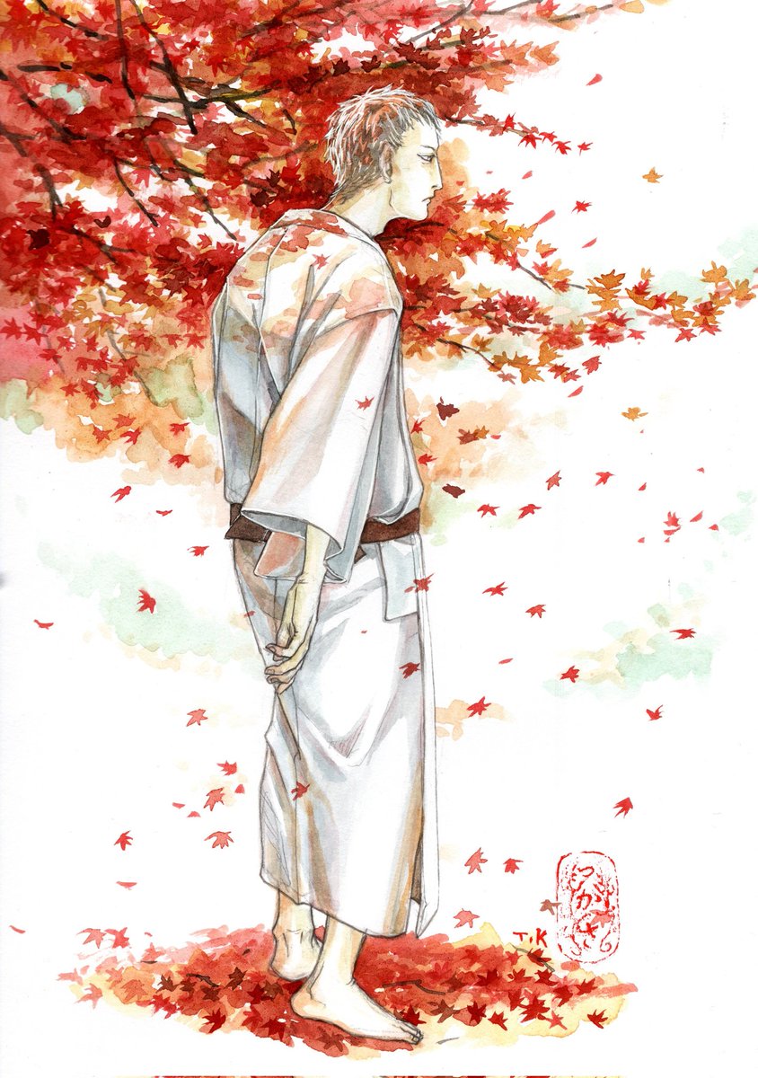 1boy male focus solo japanese clothes autumn leaves barefoot kimono  illustration images
