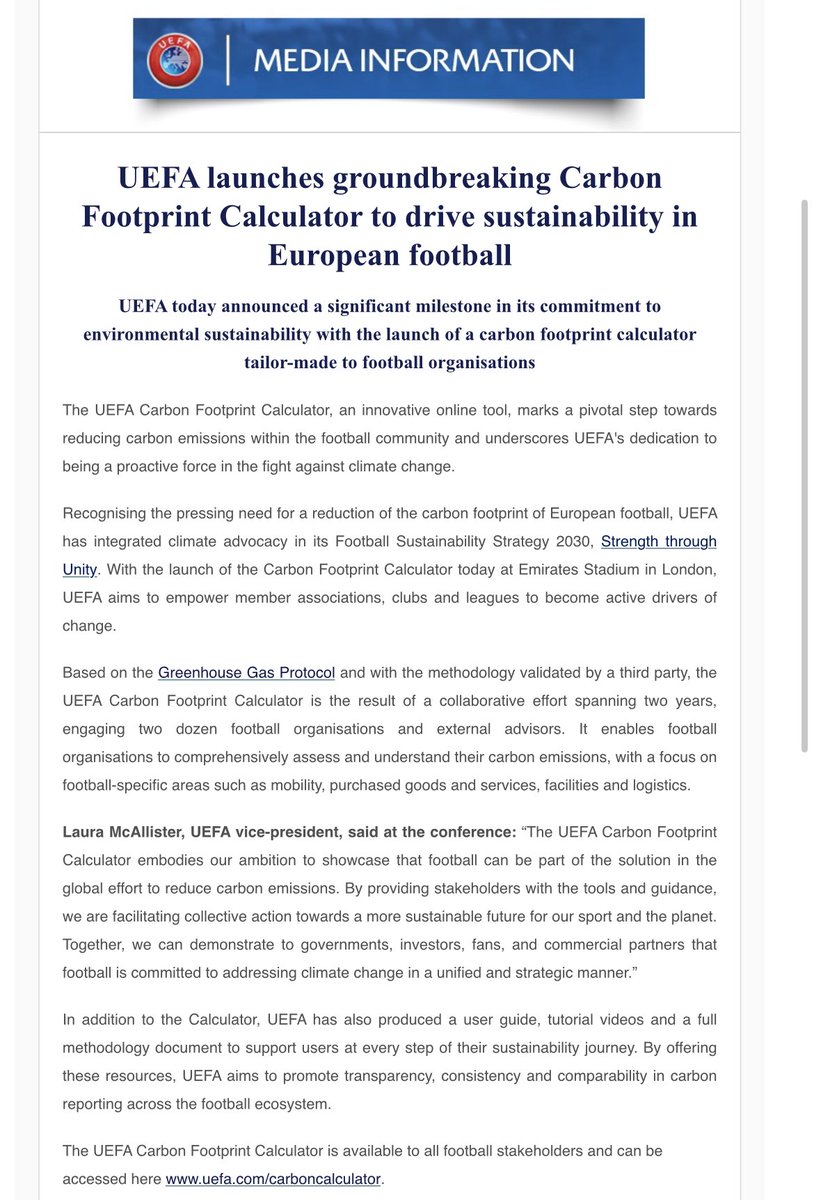 UEFA hails Carbon Footprint Calculator “a significant milestone in its commitment to environmental sustainability” (PS UEFA expanding club game with 177 more games next season which could see 2 billion air miles/year, equating to release of nearly 1/2m tonnes of greenhouse gas)