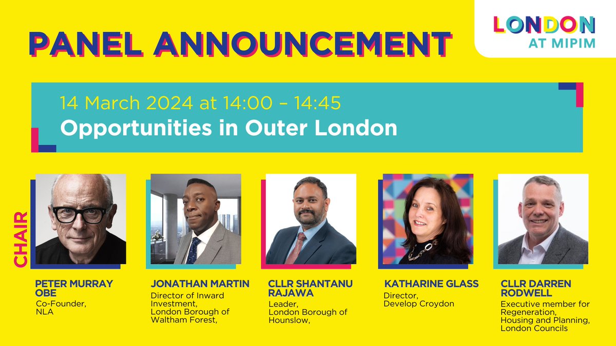 🗣️Pitching Panel: ‘Opportunities in Outer London’ Speakers: Jonathan Martin, @wfcouncil, @Shansview, @LBofHounslow , @CllrDRodwell, @londoncouncils, and Katharine Glass, @DevelopCroydon - Chair @PGSMurray, @nlalondon will share each regions ambitions. londonatmipim.com