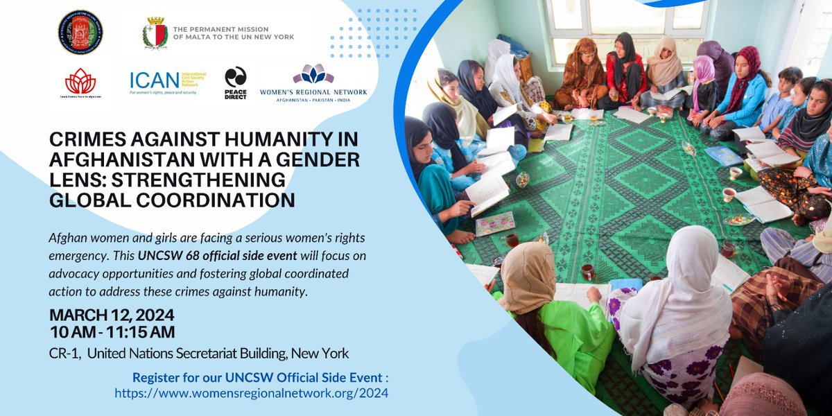 peacedirect's tweet image. 📣Event in New York! 👇

Join the UNCSW Official Side Event on addressing crimes against humanity in #Afghanistan with a gender lens/

Register now: womensregionalnetwork.org/2024
@WRNnews @CFFA_AF @whatthewomensay @OrderofMaltaUN @AfghanMissionUN