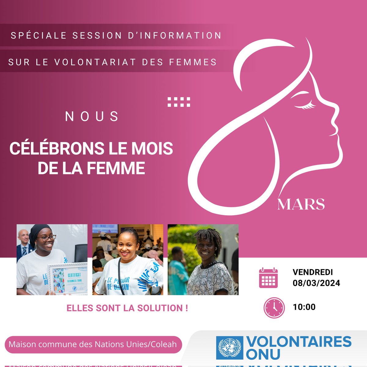 Le 8 mars, célébrons l'audace, la résilience et le leadership des #femmes à travers une session dédiée au #volontariat en faveur de leur épanouissement. Etudiantes, activistes, entrepreneuses et employées. Rejoignez-nous pour inspirer et être inspirée. @UNV_ROWCA