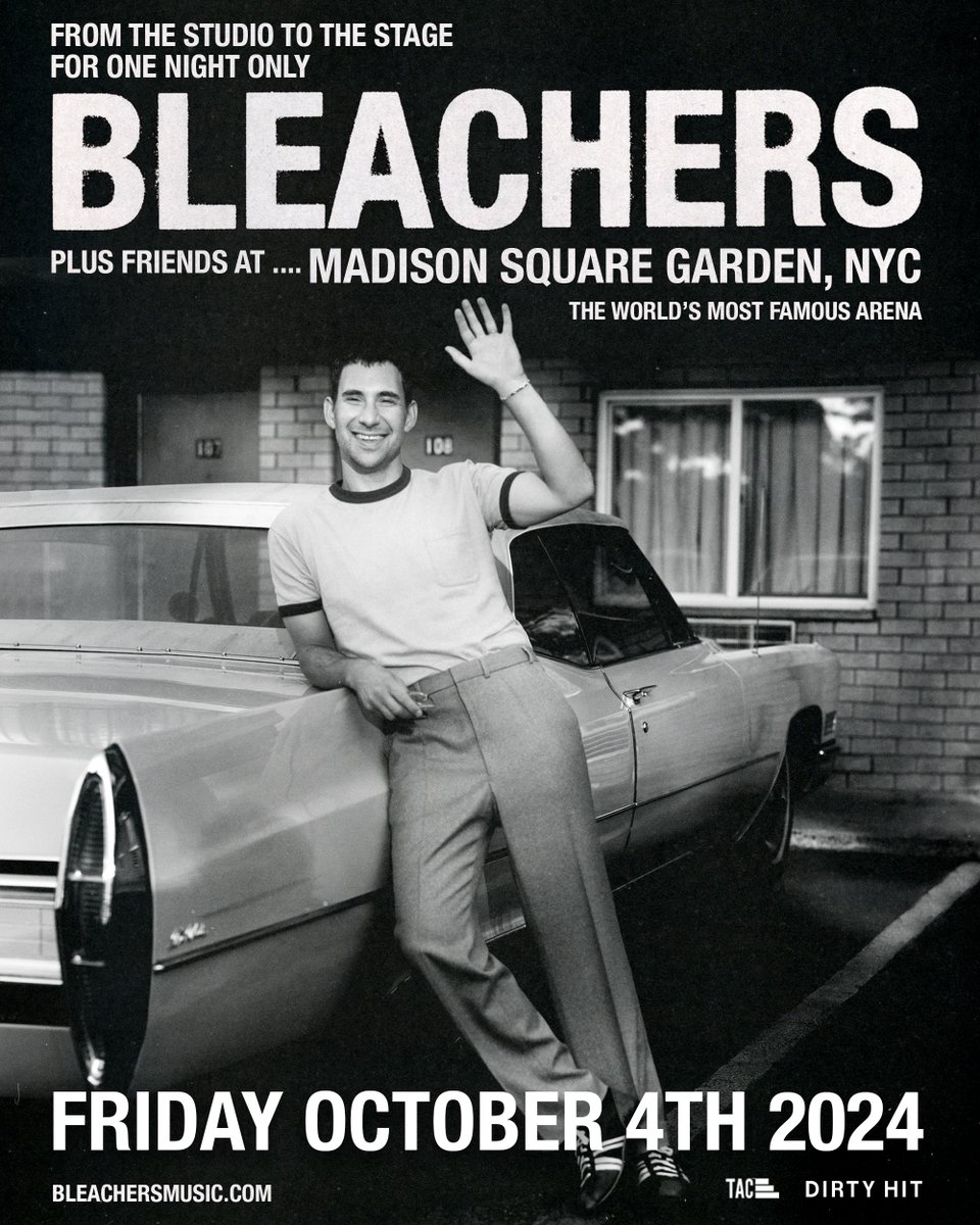 bleachers is playing our BIGGEST show to date. madison square garden on october 4, 2024. been dreaming of this forever. we’re taking the band to the garden. presale begins march 13 @ 10 am et. onsale begins march 15 @ 10 am et. register at: bleachers.ffm.to/msg