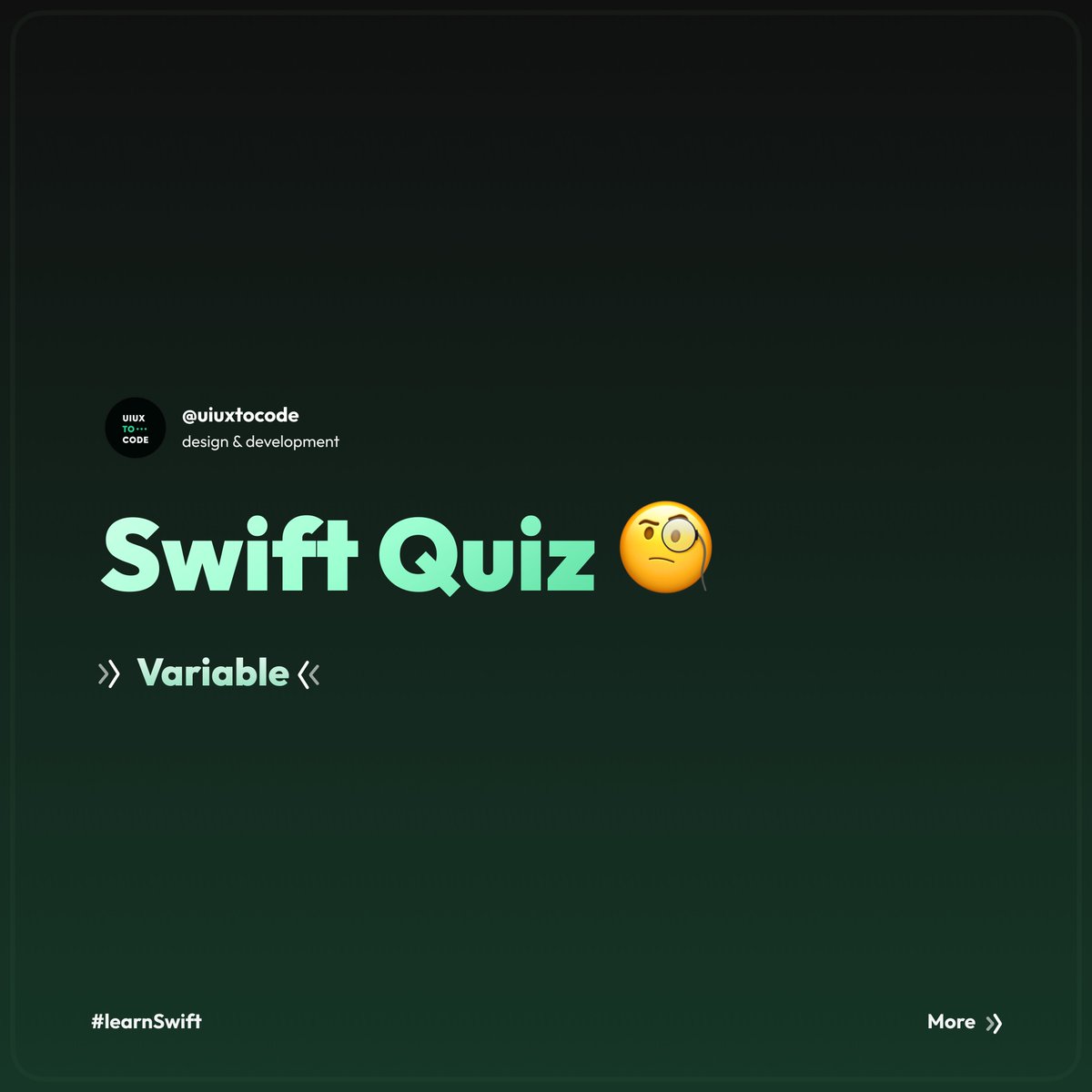 uiuxtocode's tweet image. 👨🏻💻 Learn swift programming language for beginners, quiz on variable!
Say Hello 👋
zaap.bio/uiuxtocode
Stay tuned for more coding and design related updates 🤝
A thread 👇🧵
#swiftprogrammer #iosappdeveloper #programmer #programmin #programmingquiz #quiz #uiuxtocode