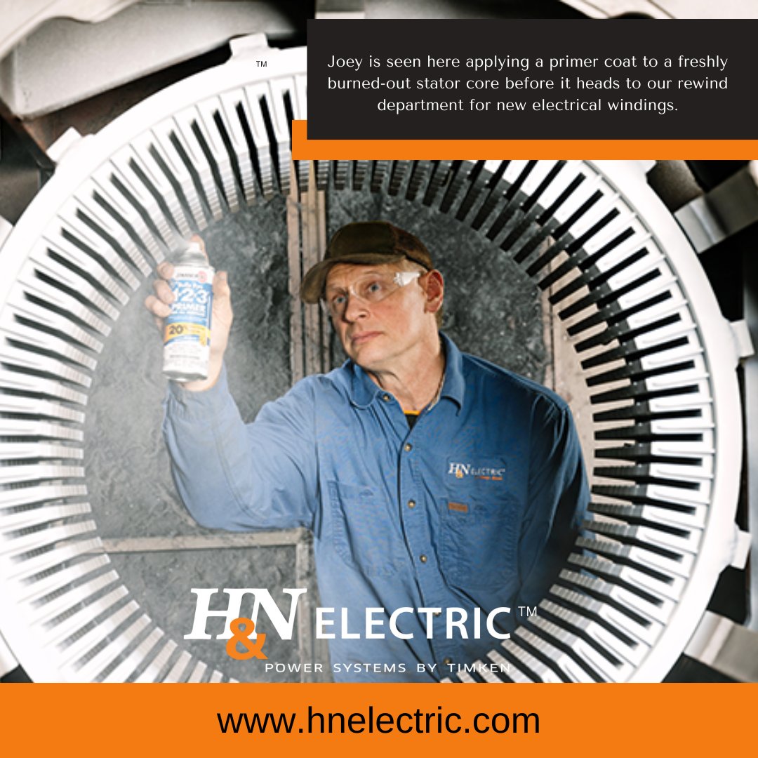 HN_Pasco's tweet image. Before heading to our #rewind department for new electrical windings, a freshly burned-out #stator core is coated with primer. H&N Electric™ is an EASA-accredited repair facility and follows Green Motor Practices to maintain original efficiencies and reliability. #electricmotors