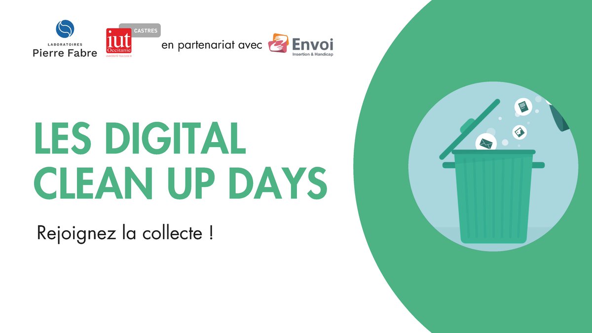 🤳♻️ L'#IUT s'engage pour les #DigitalCleanupDays Étudiant(e)s et personnels, du 4 au 20 mars déposez vos équipements #numériques inutilisés 📌 campus de Castres + d'infos ➡️ iut.univ-tlse3.fr/digital-clean-… w/ @PierreFabre @ENVOI_groupe @digitcleanup_fr