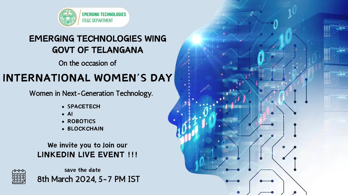 👧Celebrate #IWD2024 with inspiring #WomenInTech! 🚀Join our #LinkedInLive panel discussion on 8th March at 5PM IST. 📢Hear their journeys, get career advice, & be inspired! 🛰️SpaceTech💻AI⛓️Blockchain🤖Robotics 🔔Stay Tuned for more details. 👥@jayesh_ranjan | @ramadevi_lanka