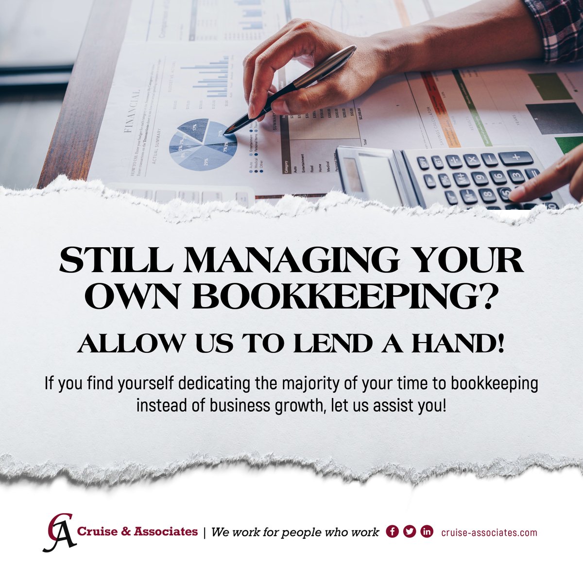 As a business owner, delegate bookkeeping to us so you can focus on what matters most. Let's get started today!

#CruiseandAssociates #Bookkeeping #FinancialManagement #Accounting #BalancingBooks #FinancialRecords #Budgeting #FinancialAccuracy #CashFlow #AccountingServices