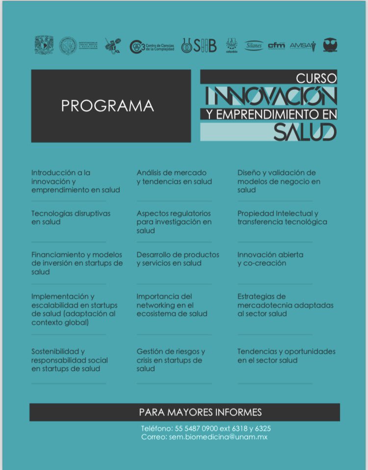 imate_unam's tweet photo. El Seminario de #Investigación #Interdisciplinaria en #Biomedicina convoca a los interesados al:
➡️ Curso de Innovación y Emprendimiento en Salud 2024
📆 13 mar-24 jul 2024
🖥️ Formato híbrido
⚠️ Más info: ver imágenes
📝 Registro: https://t.co/u2kfSStmuE https://t.co/z9IErUs7XX