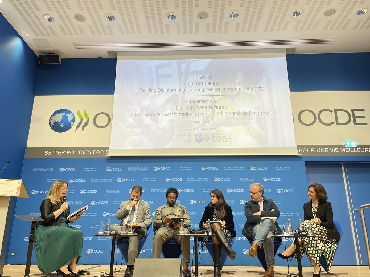 At the launch of the @OECD report 'Facts not fakes', @cdeloire has insisted on how governments can strengthen information integrity, notably through the @Forum_InfoD and the @jti_standard. Thanks to @EPilichowski, @joaobrant, @oanagoga, @KAMTCHANG1.