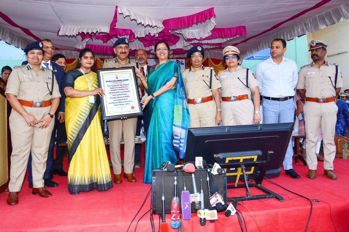 chennaipolice_'s tweet photo. 🌟 **Breaking Records!** 🌟 Today, the Greater Chennai Police (GCP) achieved an extraordinary feat on International Women's Day! 🎉

👮‍♀️ **Women's Safety Awareness Program**: A whopping **5,050** women police officers and personnel stood united at Rajarathnam Stadium, Egmore. They formed a powerful awareness design, highlighting essential helpline numbers: **1091**, **181**, **1098** (child helpline), and the **Nirbaya Women's Protection Program (AVAL)**. 🚨

🏆 **World Record**: The World Record Union officially recognized this remarkable event as a world record! 🌎🏅

🔗 **Kaaval Uthavi App**: Police Helpline App, 'Kaval Uthavi,' played a crucial role in empowering women's safety. 💪

🌐 **Chennai**: India's **Safest Metro for women**, proudly leading the way! 🇮🇳💙

#WomenSafety #WorldRecord #ChennaiPride #InternationalWomensDay #Chennai #Police #Aval #WomenSafety @SandeepRRathore @CMOTamilnadu @mkstalin @Udhaystalin @tnpoliceoffl