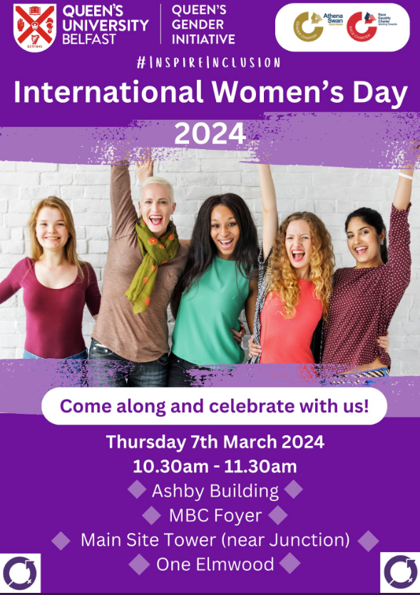 Come along &amp; celebrate #IWD2024 with us tomorrow! 🎉 

We will be in the the foyer of the following venues from 10.30am - 11.30am:  

🟣Ashby Building  
🟣Main Site Tower (near Junction)  
🟣MBC  
🟣One Elmwood   

Mid-morning refreshments will be served.
#InspireInclusion
