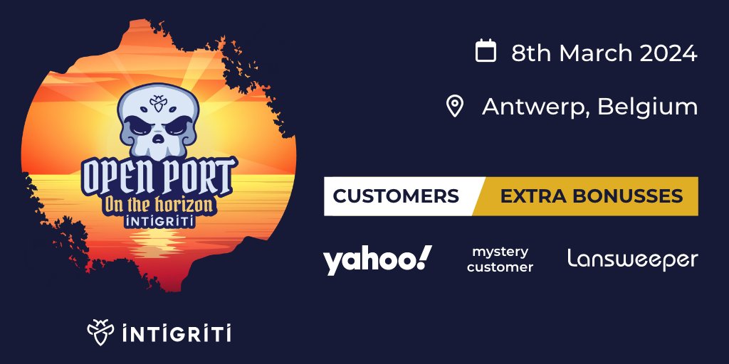🚀 This Friday is the big day! Join us for our Open Port event and get ready for an exciting lineup: Lansweeper,  Yahoo, and 1 mystery customer are offering bonus incentives! 💰. 🗣️ We have talks from 2 of our brilliant hackers 🎤 Don't miss out! #Intigriti #HackWithIntigriti