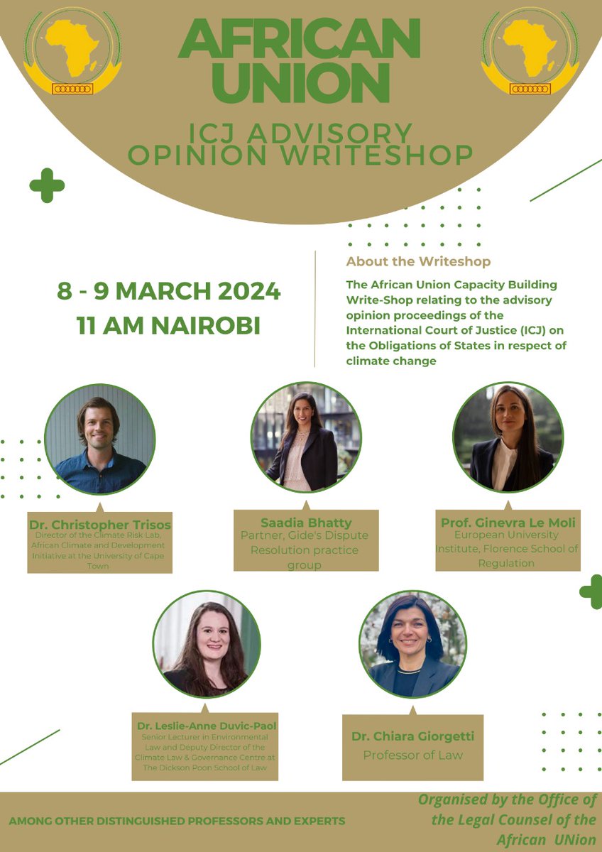 olcau2022's tweet image. Join us for the African Union (AU) Capacity Building Write-Shop focusing on the Advisory Opinion Proceedings of the International Court of Justice (ICJ) on the Obligations of States in Respect of Climate Change! Mar 08-09, 2024 (EAT) Virtual (zoom link to be shared in due course)