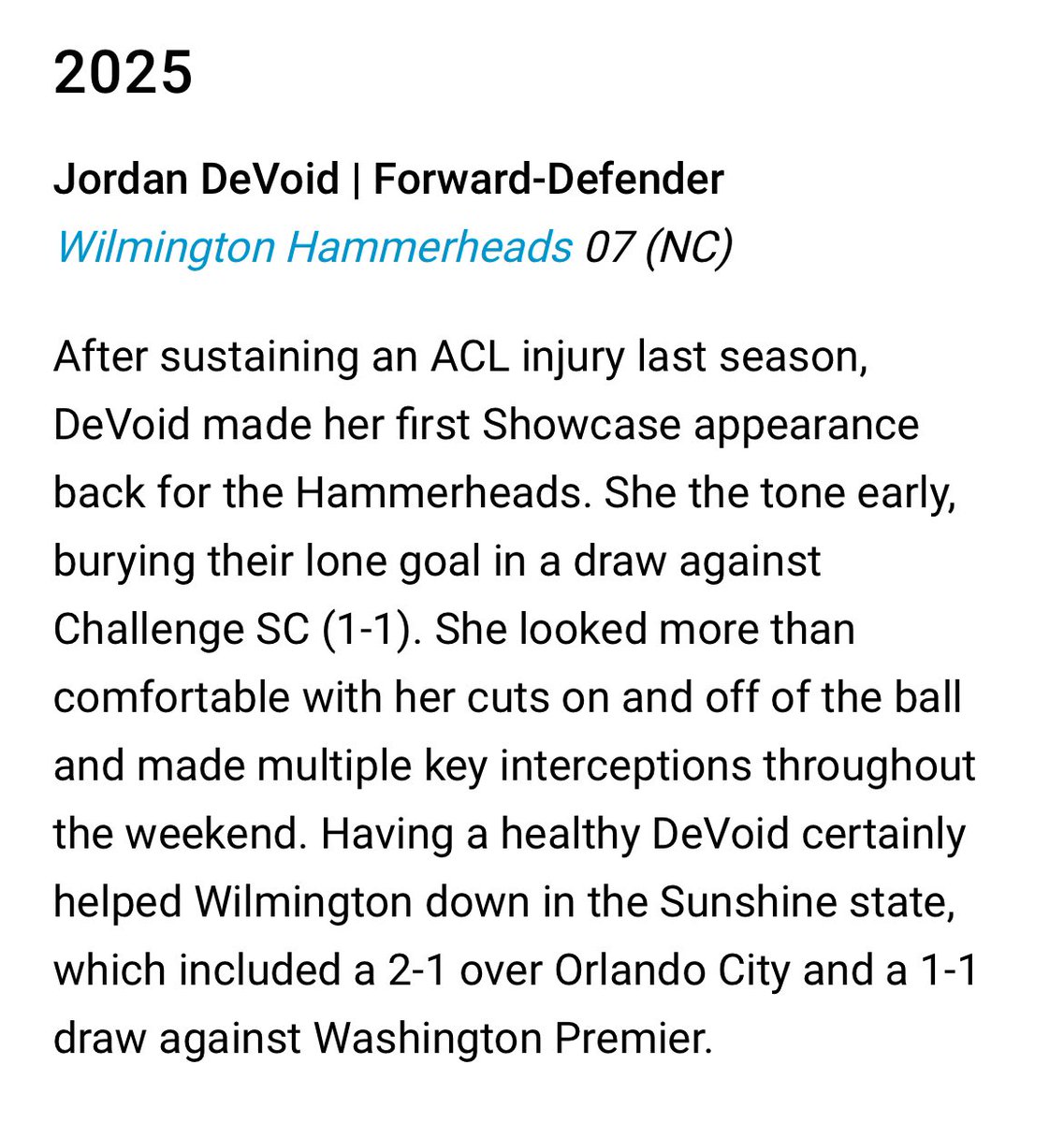 Jordan DeVoid 2025 (@_jordandevoid) on Twitter photo Thank you <a href="/TheSoccerWire/">SoccerWire</a> for the write up! It feels great to be back! <a href="/07ecnlhammers/">2007 Hammerheads Girls ECNL</a> <a href="/PrepSoccer/">Prep Soccer ⚽️</a> <a href="/ImYouthSoccer/">ECNL/GA/Recruiting/College Soccer</a> <a href="/ImCollegeSoccer/">College Soccer Truth ™</a> <a href="/ECNLgirls/">ECNL Girls</a> Thank you <a href="/TheSoccerWire/">SoccerWire</a> for the write up! It feels great to be back! <a href="/07ecnlhammers/">2007 Hammerheads Girls ECNL</a> <a href="/PrepSoccer/">Prep Soccer ⚽️</a> <a href="/ImYouthSoccer/">ECNL/GA/Recruiting/College Soccer</a> <a href="/ImCollegeSoccer/">College Soccer Truth ™</a> <a href="/ECNLgirls/">ECNL Girls</a>
