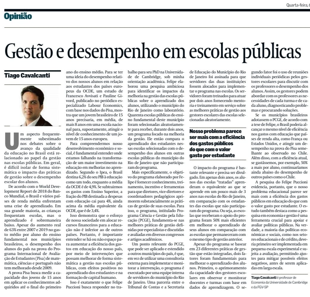 Artigo do mês de Março no <a href="/valoreconomico/">Valor Econômico</a> onde discuto a pesquisa do Felipe Puccioni, doutorando de Cambridge e que implementa um RCT nas escolas públicas do município do RJ. Resultados importantes que precisam ser divulgados.