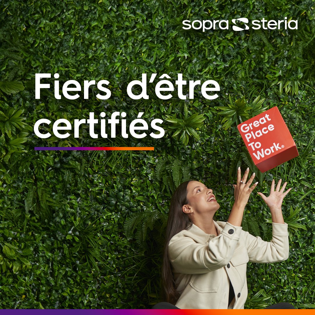 Heureux de vous annoncer que Sopra Steria est, pour la 3ème année consécutive, certifié Great Place To Work® ! 
Cette certification récompense nos engagements en matière de bien-être au travail pour l'ensemble de nos collaborateurs.
Merci à toutes les équipes ! #CertifieGPTW