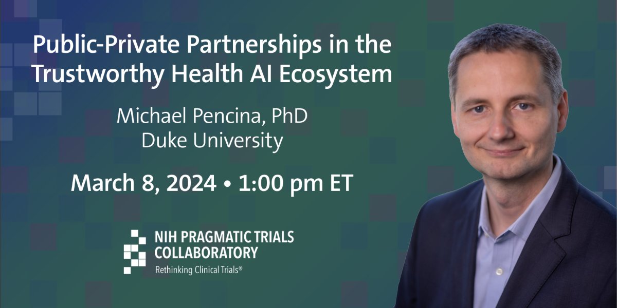 In this Friday's PCT Grand Rounds, we welcome Michael Pencina @PencinaPhd of @DukeAIHealth to discuss the role of public-private partnerships in a trustworthy healthcare AI ecosystem. Join us! #pctGR

➡️ bit.ly/48C3zCQ