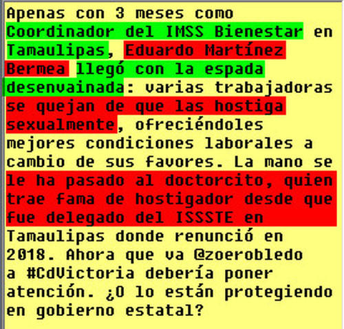 MennyValdz's tweet photo. ATENCION Dres @zoerobledo @federicohmarin Trabajadoras del @Tu_IMSS_TAM @TU_IMSS #cdvictoria  Piden ayuda:
El Dr EDUARDO MARTINEZ BERMEA las Hostiga sexualmente  -Trae antecedentes de lo mismo desde que fue delegado del ISSSTE en #Tamaulipas El tipo no tiene remedio URGE QUITARLO https://t.co/SdTASKitho