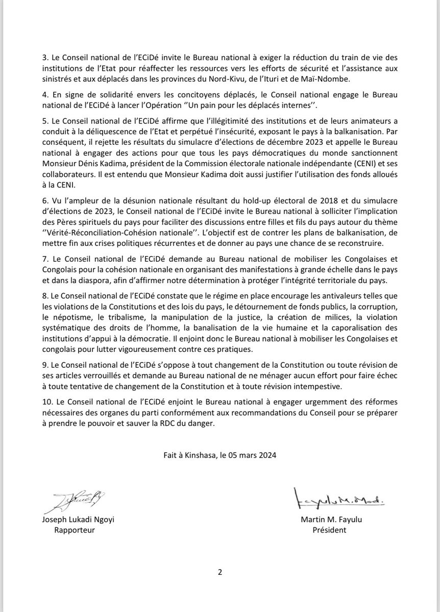 Résolutions du Conseil National de l’ECiDé 2024. Après une analyse minutieuse de la conjoncture politique et sécuritaire nationale, de l'évaluation du processus électoral 2023 ainsi que de l'examen des activités du parti, les résolutions suivantes ont été adoptées : 👇🏿