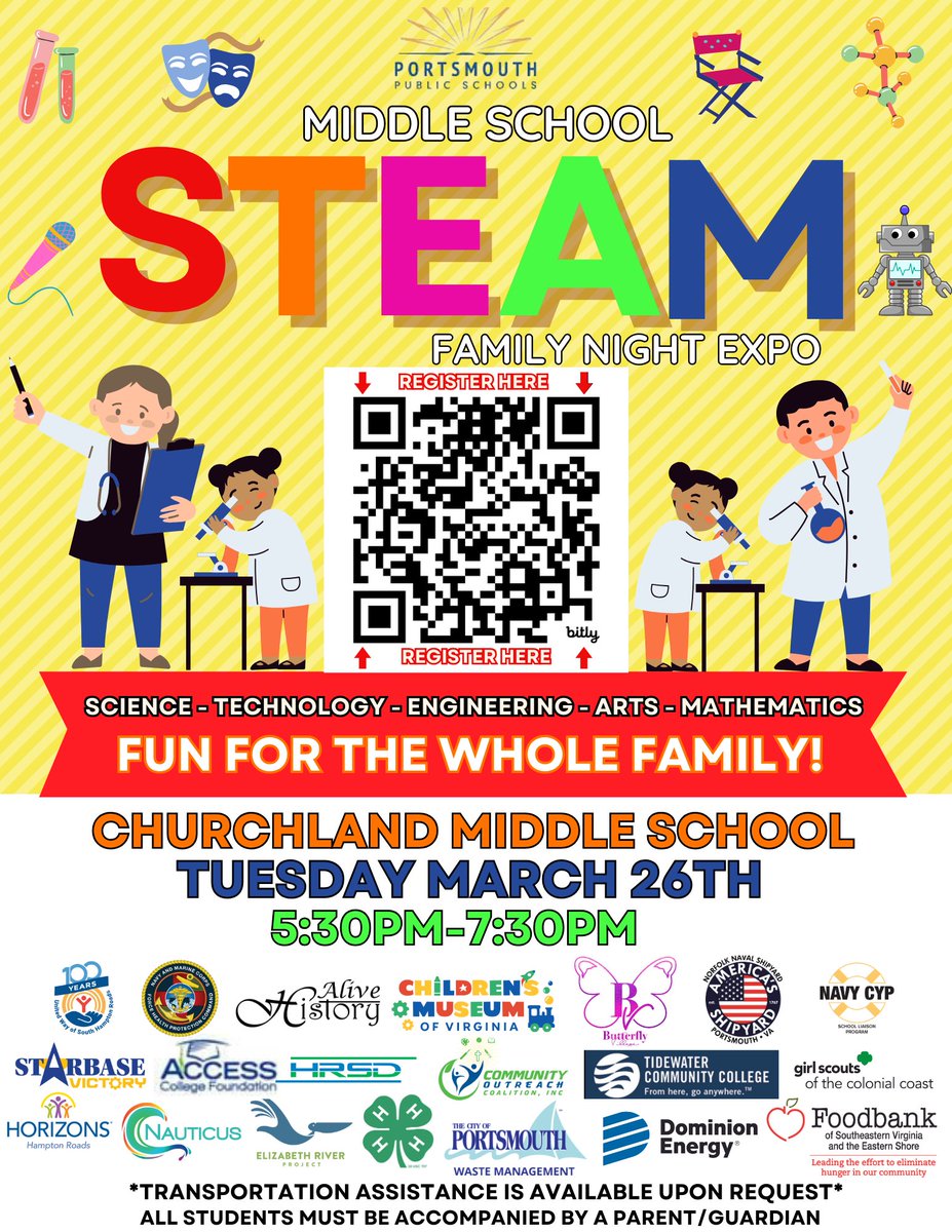 Churchland Middle School (@truckerschms) on Twitter photo Come out March 26th for our STEAM Family Night Expo! 🔬🧬🧪🌱 There will be endless opportunities to learn about and experiment with science, technology, engineering, arts, and mathematics!
Use the QR code on the flyer to register! <a href="/PortsVASchools/">Portsmouth Schools</a> Come out March 26th for our STEAM Family Night Expo! 🔬🧬🧪🌱 There will be endless opportunities to learn about and experiment with science, technology, engineering, arts, and mathematics!
Use the QR code on the flyer to register! <a href="/PortsVASchools/">Portsmouth Schools</a>