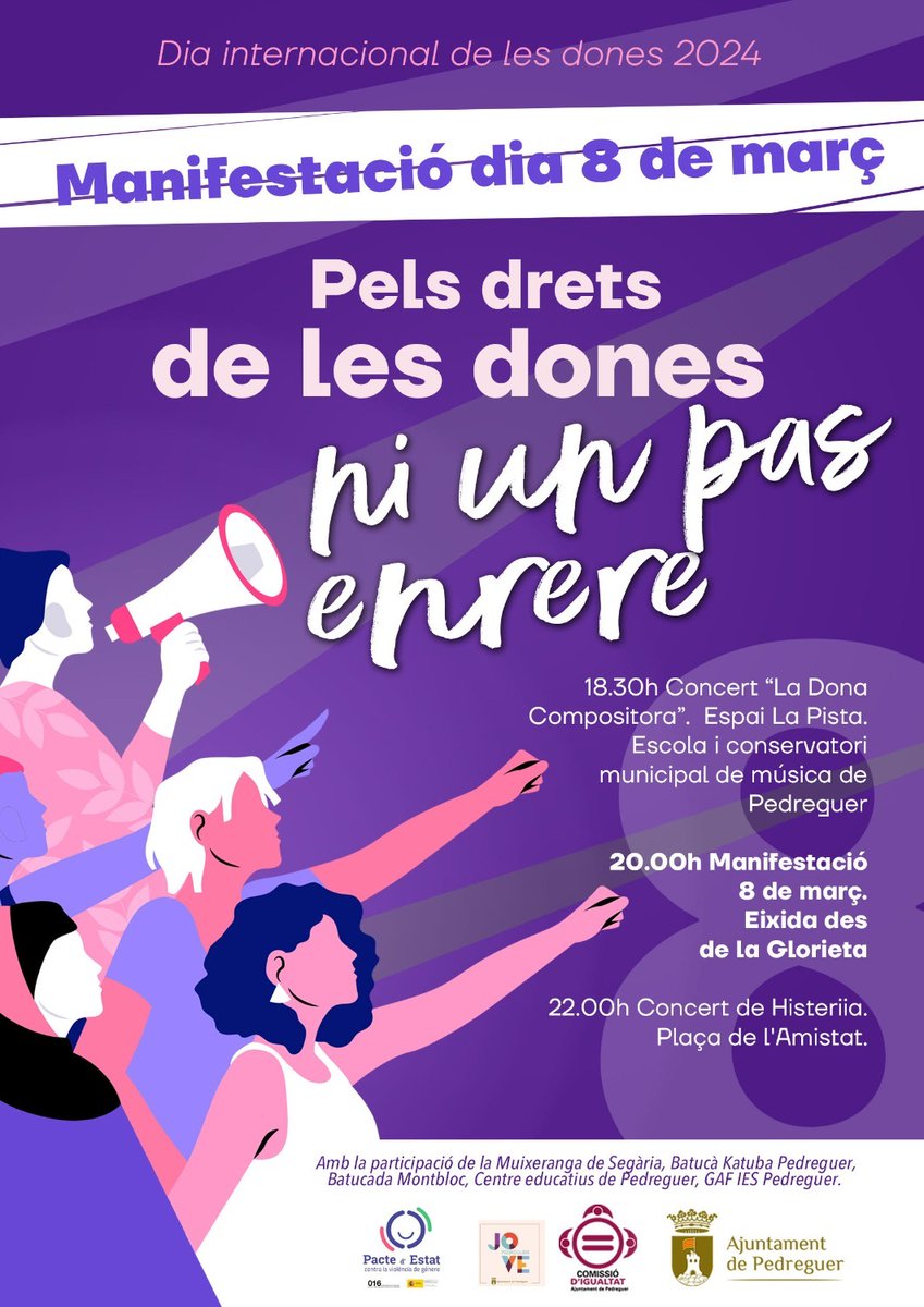 CompromisPDGR's tweet image. El proper divendres 8 de març: Pels drets de les dones, ni un pas enrere!!!!
Abans de la manifestació, a les 18.30 h. Concert &apos;La Dona Compositora&apos; a La Pista.
 
Eixida: 20.00h des de la Casa de la Cultura.
Amb la participació del Grup d&apos;Acció Femenista de l&apos;IES Pedreguer.