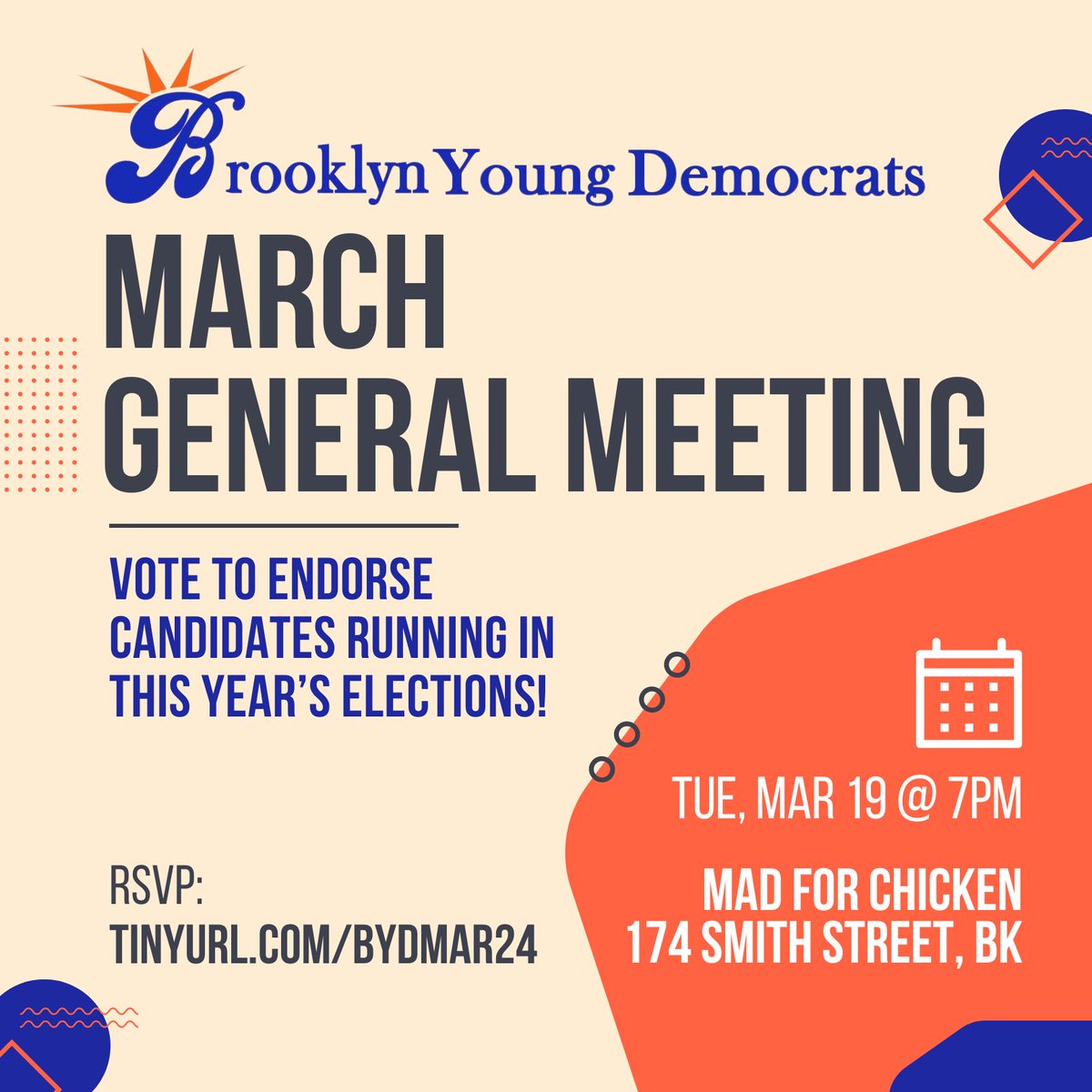 Meet BYD in Cobble Hill on Tuesday, March 19 for our next general meeting! We'll be considering endorsements for Brooklyn candidates running in this year's elections. Join us to learn about key races and shape BYD's priorities this election season! RSVP: tinyurl.com/BYDMar24