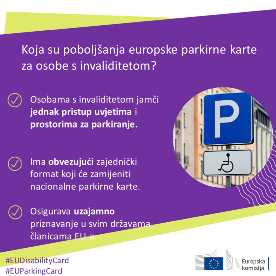 Osobama s invaliditetom olakšat će se slobodno kretanje u EU-u. 

Europska iskaznica i parkirna karta za osobe s invaliditetom olakšat će im pristup pravima i povlaštenim uvjetima u svim državama članicama 🇪🇺.

#EUDisabilityCard #EUParkingCard