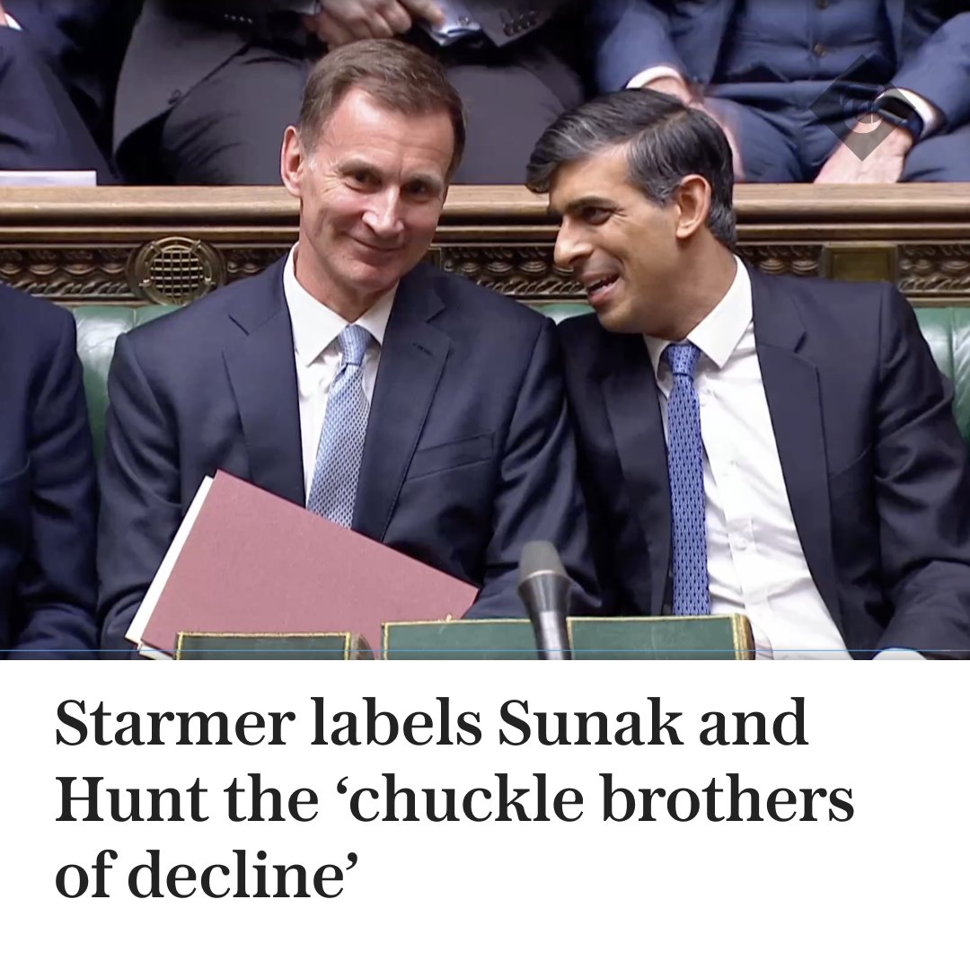 Telegraph's tweet image. 🔴 Sir Keir Starmer labelled Rishi Sunak and Jeremy Hunt the “chuckle brothers of decline” in his response to the Chancellor's #Budget2024.

Read more here 👇
telegraph.co.uk/politics/2024/…