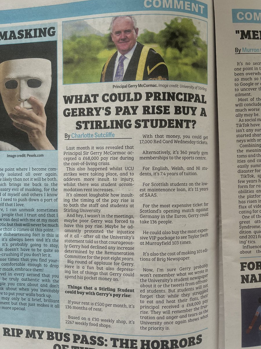 @GerryMcCormac took a 68k pay rise during @UCU_Stirling strikes ON TOP OF his three figure salary whilst raising rent for students on campus. disgusting! well done to the brig for covering this