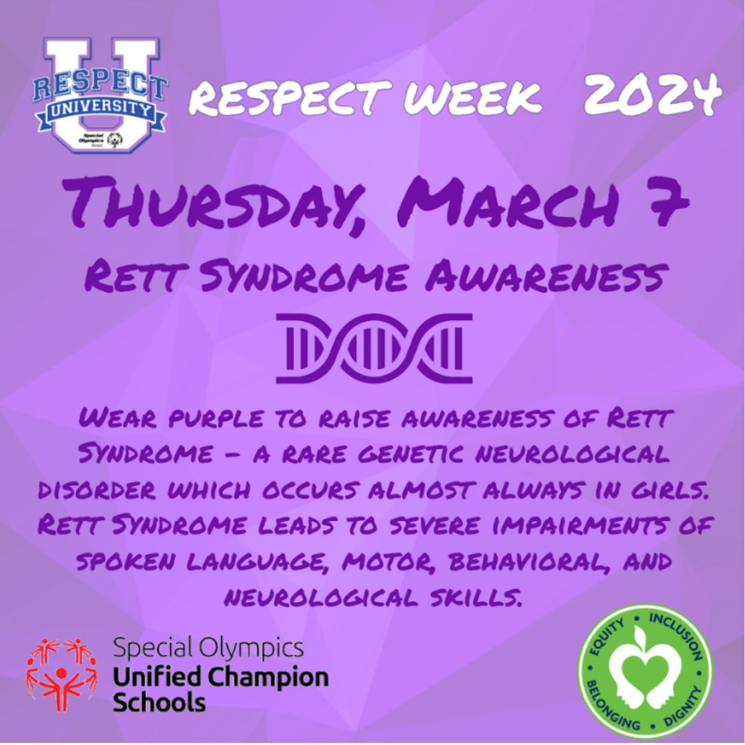 CampiCougars's tweet photo. For Day 4 of Respect Week, we are wearing purple for Rett syndrome awareness! Did you know Rett syndrome is a rare genetic neurological disorder which occurs almost exclusively in girls and leads to severe impairments?  #RespectWeek2024 #ChooseToInclude #WeAre54 #RespectU https://t.co/VvP8Fwc0br