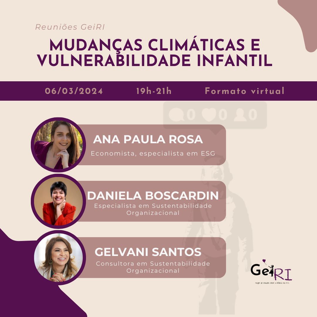 Hoje teremos nossa primeira reunião do semestre! 

Às 19h, em formato virtual, Ana Paula, Daniela e Gelvani falarão sobre infância e vulnerabilidade climática. 

O link já foi divulgado em nosso grupo do WhatsApp e pode ser solicitado via DM. Até lá!