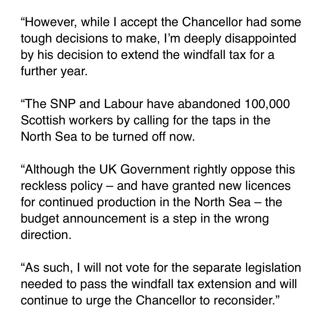 Douglas Ross says he’s “deeply disappointed” in extension of windfall tax, and won’t vote for it at Westminster