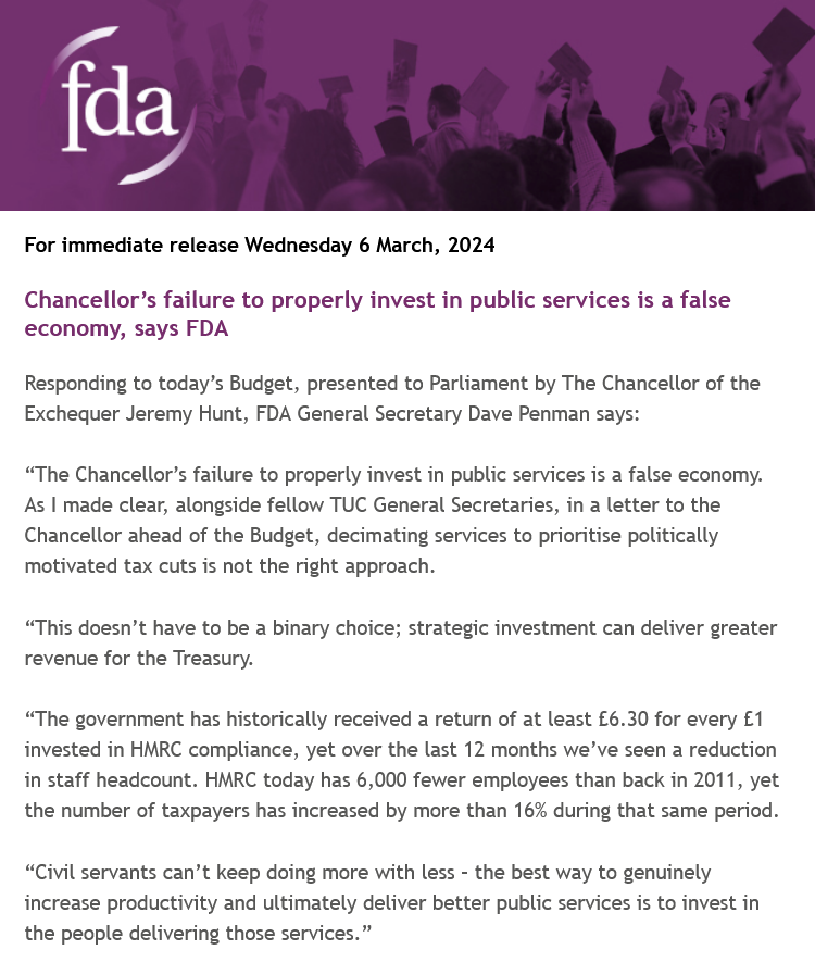 Today the Chancellor made a choice to prioritise politically motivated tax cuts over proper investment in public services.

Civil servants can’t keep doing more with less – the best way to genuinely increase productivity and ultimately deliver better public services is to invest