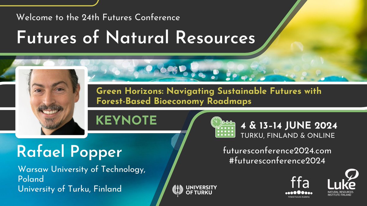 We are excited to have our @UniTurku Adjunct Professor @PopperRafael with us at #futuresconference2024! His keynote deals with 'Green Horizons: Navigating #Sustainable #Futures with Forest-Based #Bioeconomy Roadmaps'. Welcome again to Turku Dr. Popper! futuresconference2024.com