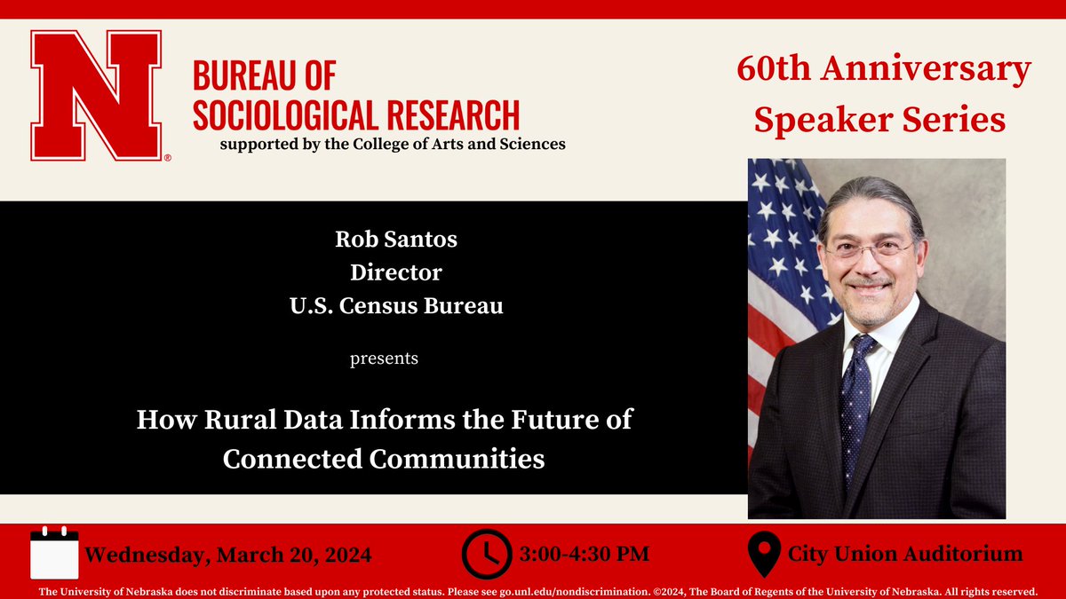 unlbosr's tweet image. Join us March 20 at 3:00 PM in the Nebraska City Union Auditorium to hear @censusdirector Rob Santos from the @uscensusbureau on &quot;How Rural Data Informs the Future of Connected Communities.&quot; This talk is part of BOSR&apos;s 60th anniversary celebration and supported by @unlcas.
