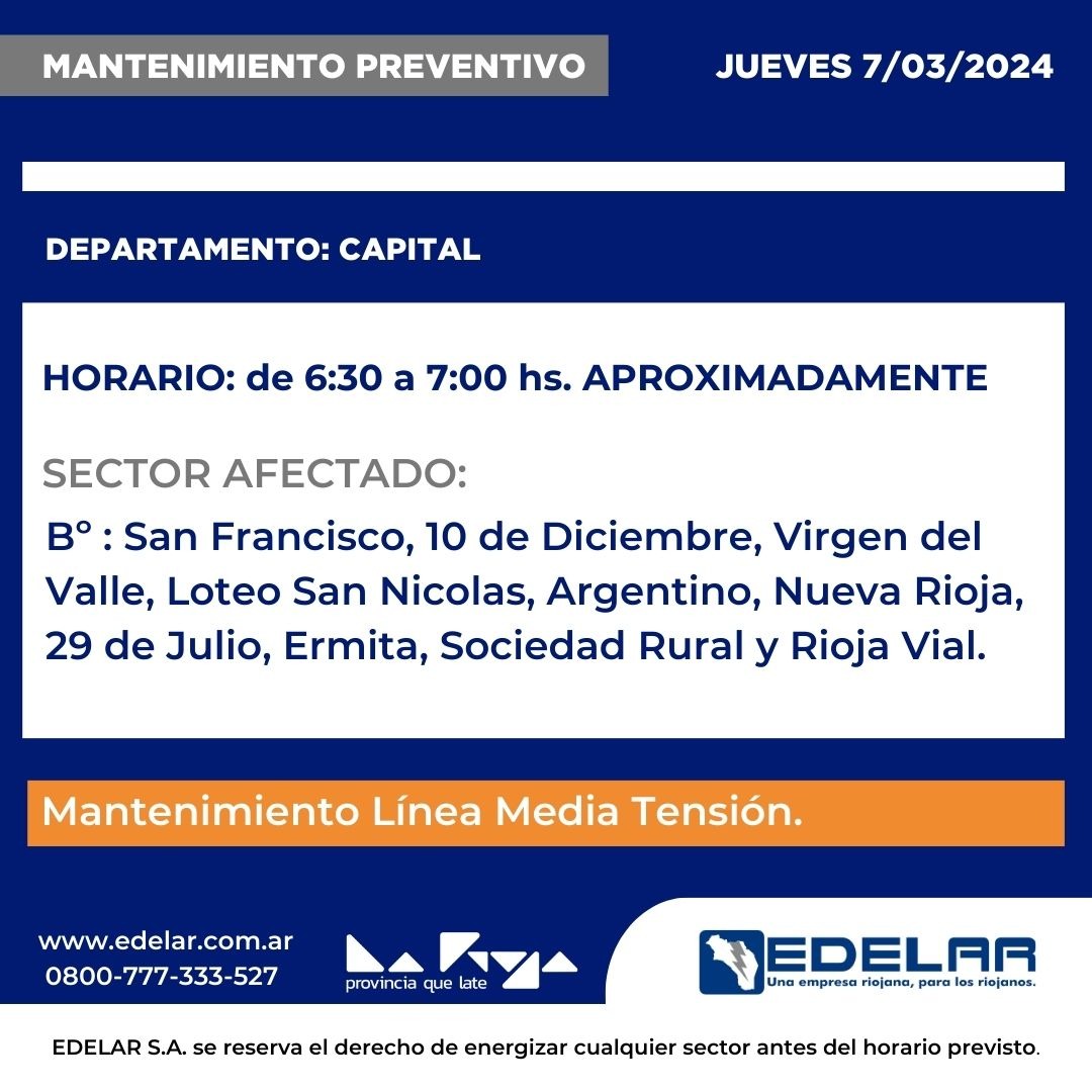 LineasNoticias's tweet image. ⚠️ATENCIÓN⚠️ #EDELaR realizará tareas de mantenimiento preventivo este #jueves en Capital 👷🏽💡

🏘️ Los barrios y sectores afectados 👇🏽