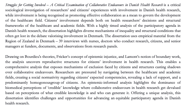 I'm defending my PhD dissertation! "Struggles for Getting Involved – A Critical Examination of Collaborative Endeavours in Danish Health Research"

Participation online or physically:
events.ruc.dk/19-3-24phdfors…

#Soctwitter #medsoc #healthserviceresearch #inclusiveinvolvement
